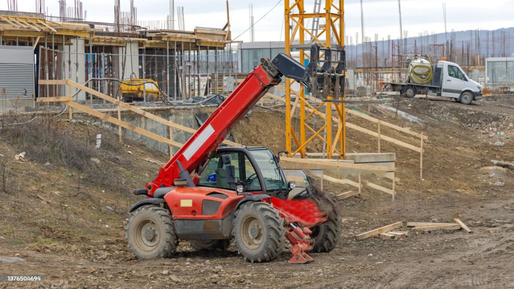 telescopic forklift boom lift telehandler vehicle at construction site